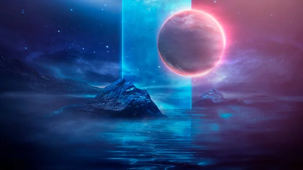 Paysage Imaginaire Futuriste Paysage Science Fiction Avec Planète Lumière Néon — Photo