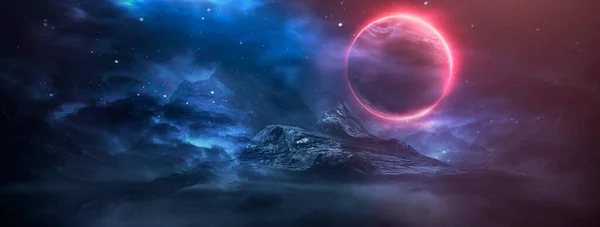 Φουτουριστικό Τοπίο Φαντασίας Sci Τοπίο Πλανήτη Νέον Φως Κρύο Πλανήτη — Φωτογραφία Αρχείου