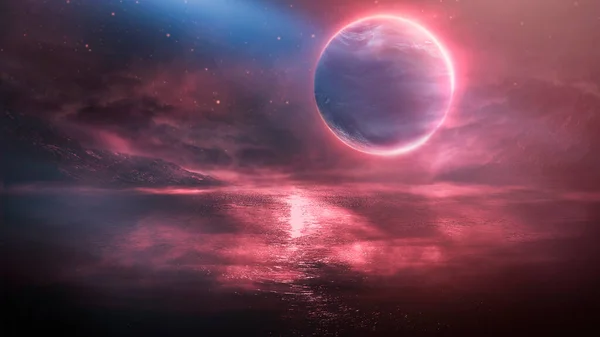 未来的なファンタジーの風景 ネオンライト 冷たい惑星とSfの風景 未知の惑星 水の中に光の反射と暗い自然シーン ネオン宇宙銀河ポータル — ストック写真