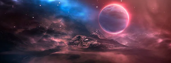 Futuristische Fantasielandschaft Science Fiction Landschaft Mit Planet Neonlicht Kalter Planet — Stockfoto