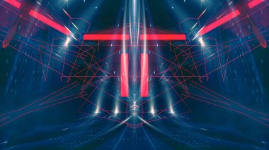 Karanlık soyut fütürist modern neon fon. Işınlar ve neon çizgilerle dolu fütüristik uzay karanlık arka planı. Neon soyutlaması. Simetrik yansıma, perspektif. neon. 