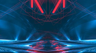 Karanlık soyut fütürist modern neon fon. Işınlar ve neon çizgilerle dolu fütüristik uzay karanlık arka planı. Neon soyutlaması. Simetrik yansıma, perspektif. neon. 