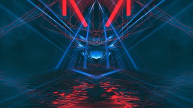 Karanlık soyut fütürist modern neon fon. Işınlar ve neon çizgilerle dolu fütüristik uzay karanlık arka planı. Neon soyutlaması. Simetrik yansıma, perspektif. neon. 