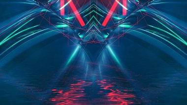 Karanlık soyut fütürist modern neon fon. Işınlar ve neon çizgilerle dolu fütüristik uzay karanlık arka planı. Neon soyutlaması. Simetrik yansıma, perspektif. neon. 