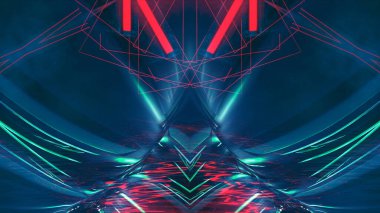 Karanlık soyut fütürist modern neon fon. Işınlar ve neon çizgilerle dolu fütüristik uzay karanlık arka planı. Neon soyutlaması. Simetrik yansıma, perspektif. neon. 