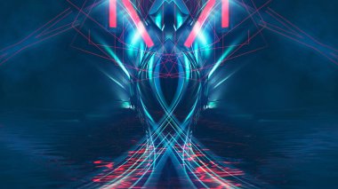 Karanlık soyut fütürist modern neon fon. Işınlar ve neon çizgilerle dolu fütüristik uzay karanlık arka planı. Neon soyutlaması. Simetrik yansıma, perspektif. neon. 