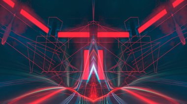 Karanlık soyut fütürist modern neon fon. Işınlar ve neon çizgilerle dolu fütüristik uzay karanlık arka planı. Neon soyutlaması. Simetrik yansıma, perspektif. neon. 