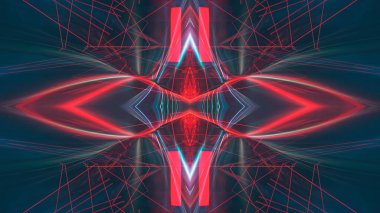 Karanlık soyut fütürist modern neon fon. Işınlar ve neon çizgilerle dolu fütüristik uzay karanlık arka planı. Neon soyutlaması. Simetrik yansıma, perspektif. Neon ışığı. 3B illüstrasyon. 