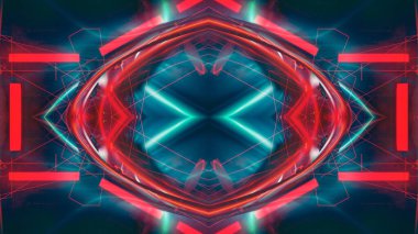 Karanlık soyut fütürist modern neon fon. Işınlar ve neon çizgilerle dolu fütüristik uzay karanlık arka planı. Neon soyutlaması. Simetrik yansıma, perspektif. Neon ışığı. 3B illüstrasyon. 