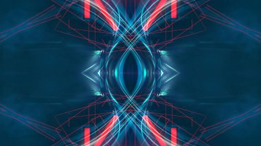 Karanlık soyut fütürist modern neon fon. Işınlar ve neon çizgilerle dolu fütüristik uzay karanlık arka planı. Neon soyutlaması. Simetrik yansıma, perspektif. Neon ışığı. 3B illüstrasyon. 