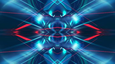 Karanlık soyut fütürist modern neon fon. Işınlar ve neon çizgilerle dolu fütüristik uzay karanlık arka planı. Neon soyutlaması. Simetrik yansıma, perspektif. Neon ışığı. 3B illüstrasyon. 