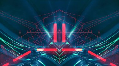 Karanlık soyut fütürist modern neon fon. Işınlar ve neon çizgilerle dolu fütüristik uzay karanlık arka planı. Neon soyutlaması. Simetrik yansıma, perspektif. Neon ışığı. 3B illüstrasyon. 