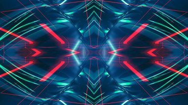 Karanlık soyut fütürist modern neon fon. Işınlar ve neon çizgilerle dolu fütüristik uzay karanlık arka planı. Neon soyutlaması. Simetrik yansıma, perspektif. Neon ışığı. 3B illüstrasyon. 