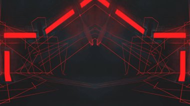 Karanlık soyut fütürist modern neon fon. Işınlar ve neon çizgilerle dolu fütüristik uzay karanlık arka planı. Neon soyutlaması. Simetrik yansıma, perspektif. Neon ışığı. 3B illüstrasyon. 