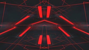 Karanlık soyut fütürist modern neon fon. Işınlar ve neon çizgilerle dolu fütüristik uzay karanlık arka planı. Neon soyutlaması. Simetrik yansıma, perspektif. Neon ışığı. 3B illüstrasyon. 