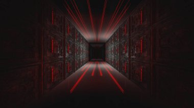 Karanlık soyut fütürist modern neon fon. Işınlar ve neon çizgilerle dolu fütüristik uzay karanlık arka planı. Neon soyutlaması. Simetrik yansıma, perspektif. Neon ışığı. 3B illüstrasyon. 