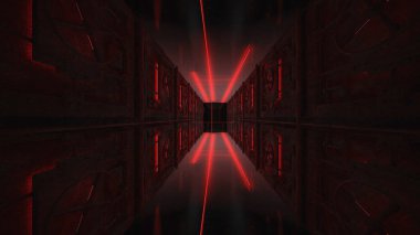 Karanlık soyut fütürist modern neon fon. Işınlar ve neon çizgilerle dolu fütüristik uzay karanlık arka planı. Neon soyutlaması. Simetrik yansıma, perspektif. Neon ışığı. 3B illüstrasyon. 