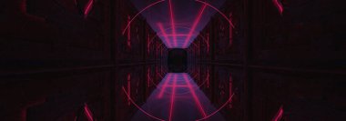 Karanlık soyut fütürist modern neon fon. Işınlar ve neon çizgilerle dolu fütüristik uzay karanlık arka planı. Neon soyutlaması. Simetrik yansıma, perspektif. Neon ışığı. 3B illüstrasyon. 
