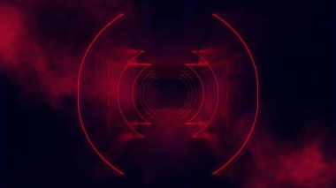 Karanlık soyut fütürist modern neon fon. Işınlar ve neon çizgilerle dolu fütüristik uzay karanlık arka planı. Neon soyutlaması. Simetrik yansıma, perspektif. Neon ışığı. 3B illüstrasyon. 