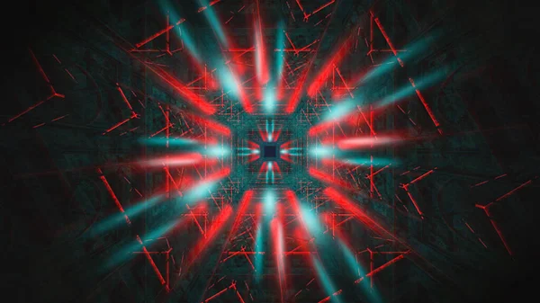 ダーク抽象的な未来的なネオンの背景 光線とネオンラインで未来的な宇宙暗い背景 ネオン抽象化 対称的な反射 遠近法 ネオンだ 3Dイラスト — ストック写真