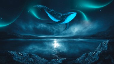 Bir adanın soyut gece fantezi manzarası, gökyüzünde bir balina, karanlık bir fantezi sahnesi, gerçek dışı bir dünya, bir balık, bir balina, bir ispermeçet balinası. Neon ışığının yansıması, su, denizin derinliği. Gece fantezi galaksisi uzay manzarası. 