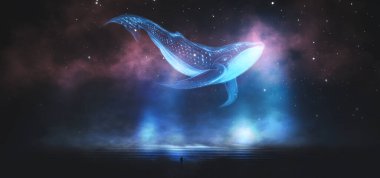 Bir adanın soyut gece fantezi manzarası, gökyüzünde bir balina, karanlık bir fantezi sahnesi, gerçek dışı bir dünya, bir balık, bir balina, bir ispermeçet balinası. Neon ışığının yansıması, su, denizin derinliği. Gece fantezi galaksisi uzay manzarası. 