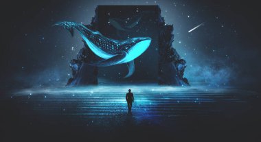 Bir adanın soyut gece fantezi manzarası, gökyüzünde bir balina, karanlık bir fantezi sahnesi, gerçek dışı bir dünya, bir balık, bir balina, bir ispermeçet balinası. Neon ışığının yansıması, su, denizin derinliği. Gece fantezi galaksisi uzay manzarası. 