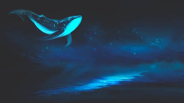 Bir adanın soyut gece fantezi manzarası, gökyüzünde bir balina, karanlık bir fantezi sahnesi, gerçek dışı bir dünya, bir balık, bir balina, bir ispermeçet balinası. Neon ışığının yansıması, su, denizin derinliği. Gece fantezi galaksisi uzay manzarası. 