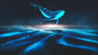 Bir adanın soyut gece fantezi manzarası, gökyüzünde bir balina, karanlık bir fantezi sahnesi, gerçek dışı bir dünya, bir balık, bir balina, bir ispermeçet balinası. Neon ışığının yansıması, su, denizin derinliği. Gece fantezi galaksisi uzay manzarası. 