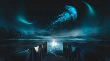 Siyah arka planda soyut fantezi neon denizanası. Deniz anası, renkli neon. 3B illüstrasyon. 