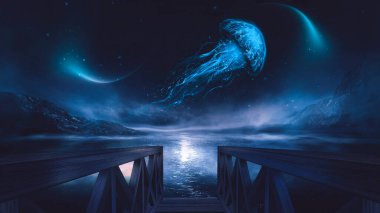 Siyah arka planda soyut fantezi neon denizanası. Deniz anası, renkli neon. 3B illüstrasyon. 