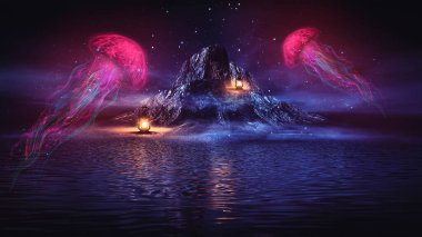 Siyah arka planda soyut fantezi neon denizanası. Deniz anası, renkli neon. 3B illüstrasyon. 