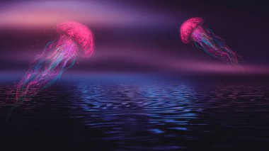 Siyah arka planda soyut fantezi neon denizanası. Deniz anası, renkli neon. 3B illüstrasyon. 