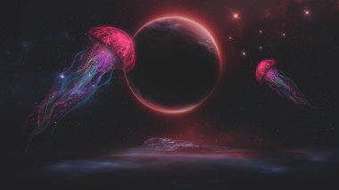 Siyah arka planda soyut fantezi neon denizanası. Deniz anası, renkli neon. 3B illüstrasyon. 