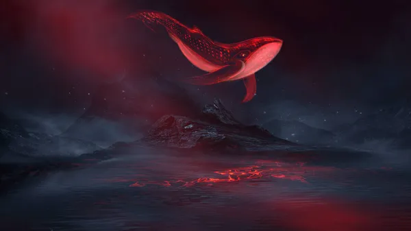 Abstract night fantasy landscape with an island, a whale in the sky, a dark fantasy scene, an unreal world, a fish, a whale, a sperm whale. Reflection of neon light, water, depths of the sea. Night fantasy galaxy space landscape.