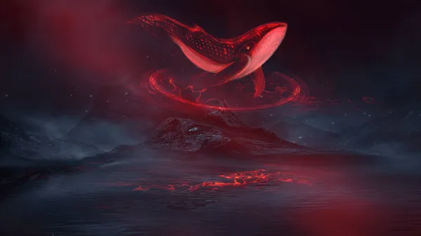 하늘에 어두운 환상의 현실이 물고기 향유고래가 바다깊은 — 스톡 사진