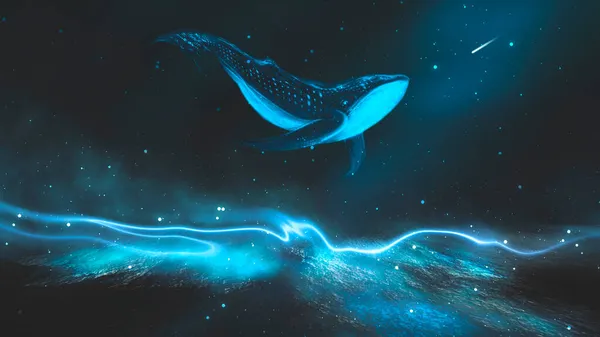 島との抽象的な夜のファンタジーの風景 空のクジラ 暗いファンタジーシーン 非現実世界 クジラ 精子クジラ ネオンライト 海の深さの反射 夜のファンタジー銀河宇宙風景 — ストック写真