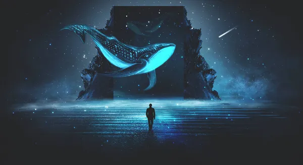 Paysage Imaginaire Nocturne Abstrait Avec Une Île Une Baleine Dans — Photo