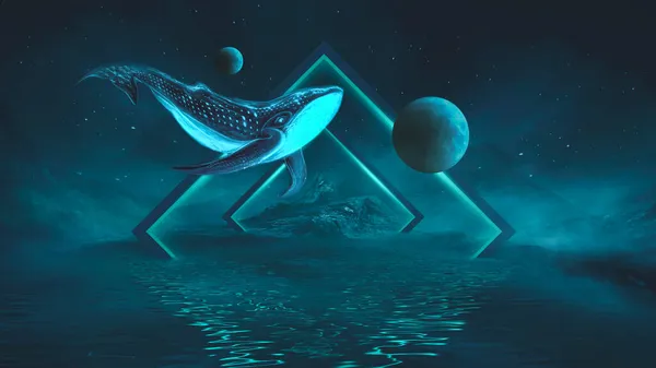 Paisagem Fantasia Noturna Abstrata Com Uma Ilha Uma Baleia Céu — Fotografia de Stock