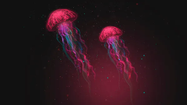 Absztrakt Fantasy Neon Medúza Fekete Háttérrel Tengeri Medúza Színes Neon — Stock Fotó