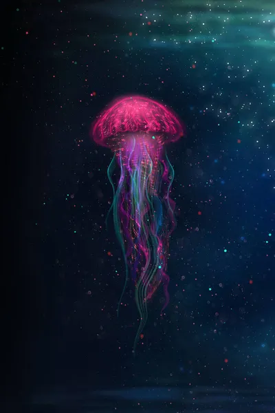 抽象的幻想霓虹灯水母在黑色背景 海洋水母色彩艳丽的霓虹灯3D插图 — 图库照片