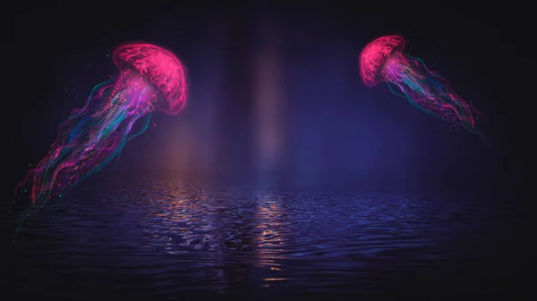 Абстрактні Фантазії Неонові Медузи Чорному Тлі Морські Медузи Барвистий Неоновий — стокове фото