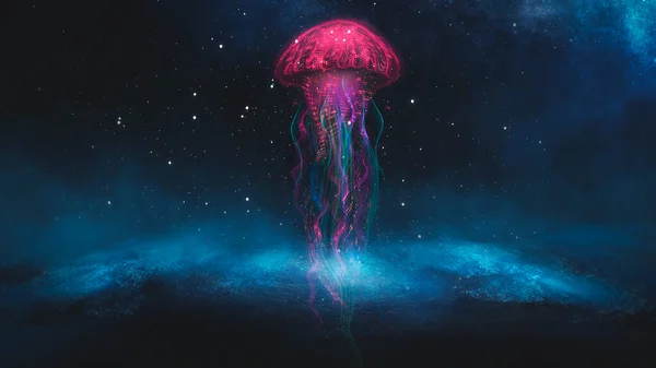 抽象的幻想霓虹灯水母在黑色背景 海洋水母色彩艳丽的霓虹灯3D插图 — 图库照片
