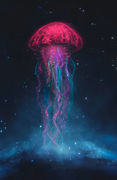 Abstrakte Fantasie Neonquallen Auf Schwarzem Hintergrund Meeresquallen Bunte Neonröhren Illustration — Stockfoto