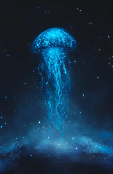 Абстрактная Фантазия Неоновая Медуза Черном Фоне Морская Медуза Разноцветный Неон — стоковое фото
