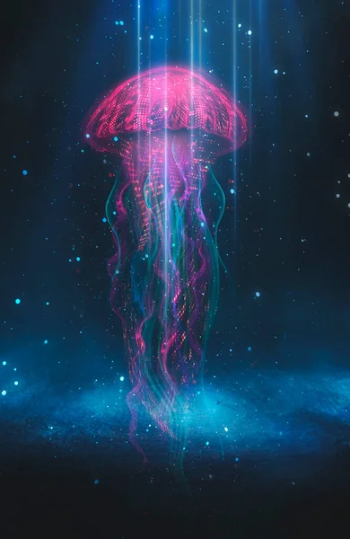Streszczenie Fantazji Neonowej Meduzy Czarnym Tle Morska Meduza Kolorowy Neon — Zdjęcie stockowe