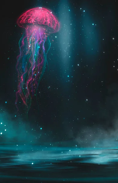 Abstract Fantasy Neon Jellyfish Black Background Marine Jellyfish Colorful Neon — Stock Photo, Image
