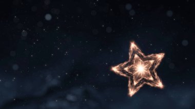 Altın yıldızlı, kar taneli, kar taneli, soyut Noel süslemeli ve şenlikli karanlık bir şenlik arkaplanı. Yeni yıl soyutlaması, büyülü tatil atmosferi.