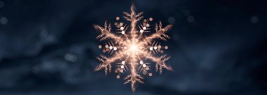 Altın yıldızlı, kar taneli, kar taneli, soyut Noel süslemeli ve şenlikli karanlık bir şenlik arkaplanı. Yeni yıl soyutlaması, büyülü tatil atmosferi.