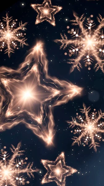 金の星と雪のフレーク お祝いのライトと抽象的な黄金のクリスマスの装飾と暗いお祝いの背景 新年の抽象化 魔法の休日の雰囲気 — ストック写真